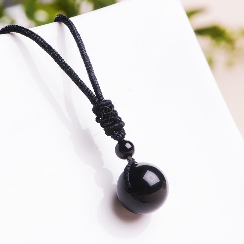 iSTONE Unisex Genuine 16mm Round Beads Gemstone Pendant Necklace Black Rope Chain 25 inch (Black Obsidian) - Image 5